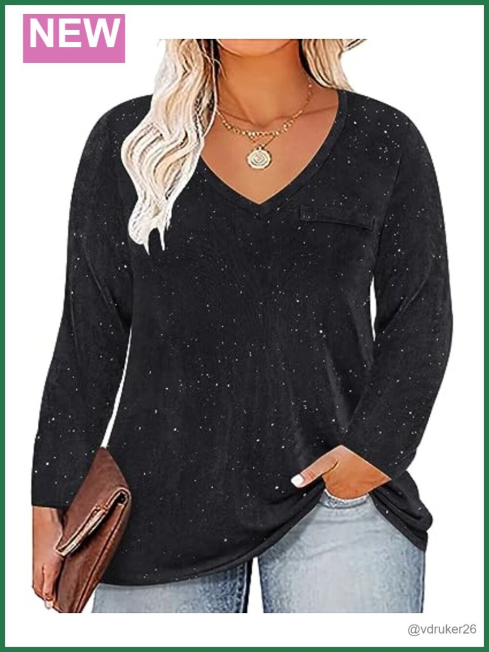 Plus Size Glitter Tunic Top V-Neck Long Sleeve Pullover Curvy